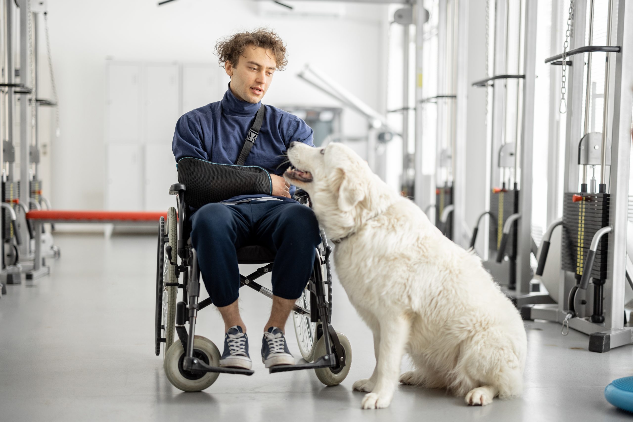 Young guy with disabilities sits in a wheelchair with his friendly dog at rehabilitation center. Concept of assistance dogs for mental and physical health